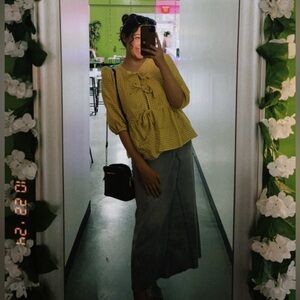 SHEIN Yellow Checkered Blouse with Bow